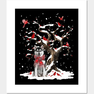 Husky Scarf Cardinal Snow Christmas Posters and Art